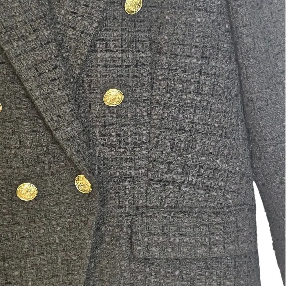 Zara Double Breasted Tweed Black Blazer with Gold Buttons Size Medium